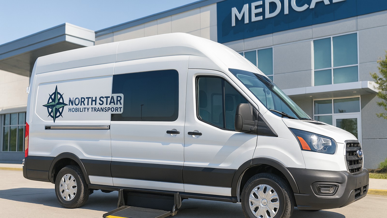 Van with rear ramp deployed